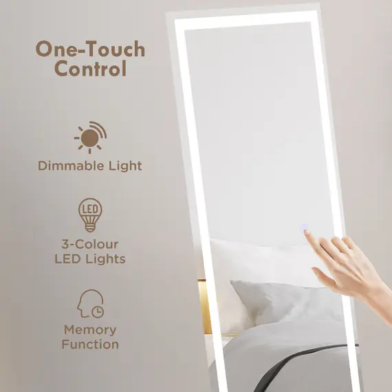 Buy Standing Dressing Mirror with LED Lights, Wall Dressing Mirror for Bedroom with Dimmable and 3 Colour Lighting, White, 4 image