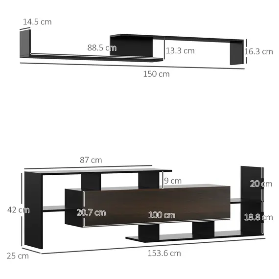 Buy TV Cabinet with Wall Shelf for Wall-Mounted 65" TVs or Standing 40" TVs - Black and Dark Brown, 3 image
