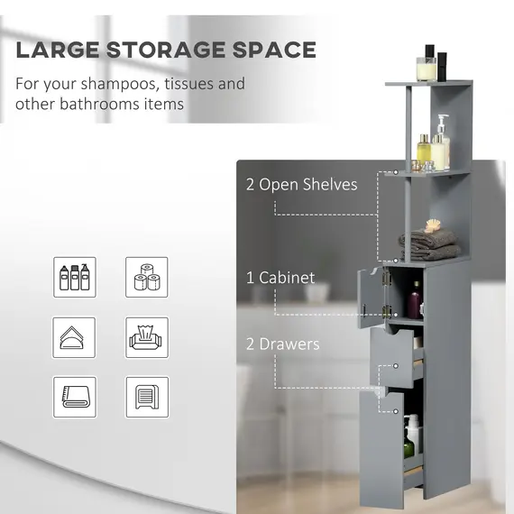 Buy Tall Bathroom Cabinet, Freestanding Bathroom Storage Cabinet with 2-Tier Shelf and Drawers, Narrow Cupboard Storage Unit, Grey, 4 image