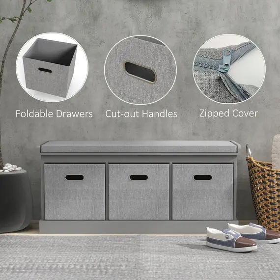 Buy Three-Drawer Shoe Storage Bench, with Padded Top Seat - Grey, 6 image