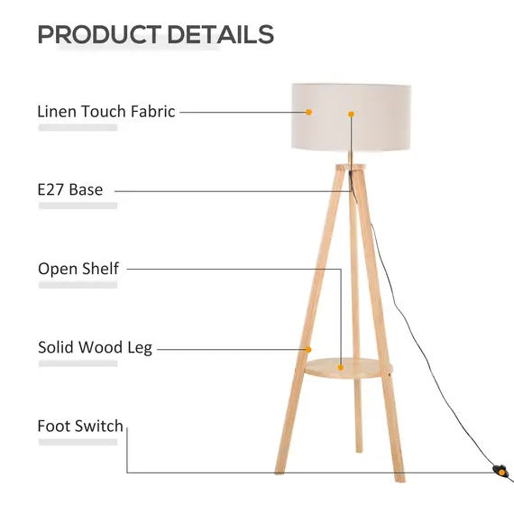 Buy Tripod Floor Lamp, Freestanding Bedside Light Reading Light with Storage Shelf and Linen Shade for Living Room Bedroom, 154cm, Cream, 4 image