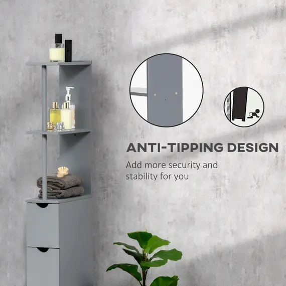 Buy Tall Bathroom Cabinet, Freestanding Bathroom Storage Cabinet with 2-Tier Shelf and Drawers, Narrow Cupboard Storage Unit, Grey, 6 image