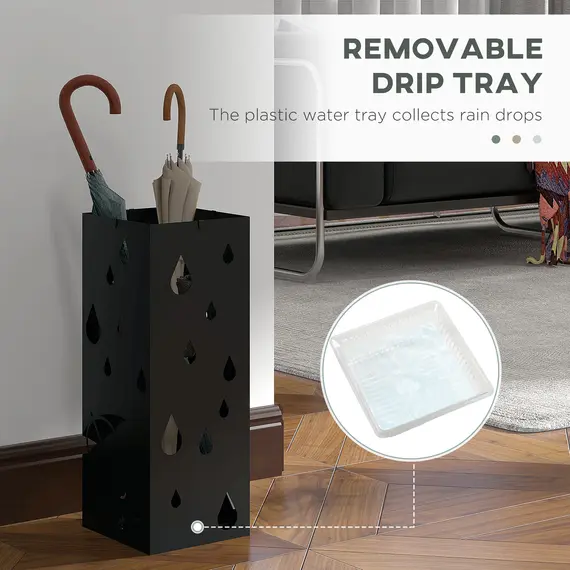 Buy Steel Umbrella Stand, Square Umbrella Holder with 4 Hooks and Removable Drip Tray, Hollowed Umbrella Basket for Hallway, Black, 5 image