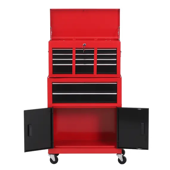Buy Tool Chest, Metal Tool Cabinet on Wheels with 6 Drawers, Pegboard, Top Chest and Roller Cabinet Combo, 61.6 x 33 x 108cm, Red and Black, 8 image