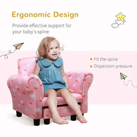 Buy Toddler Chair Children's Armchairs Wood Frame w/ Footrest Anti-Slip Legs High Back Arms for Bedroom Playroom Cute Cloud Star Pink, 4 image