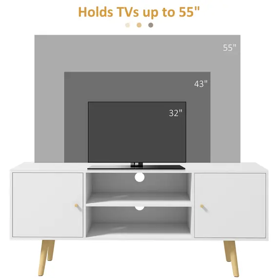 Buy TV Stand Cabinet up to 55 Inches, TV Unit with Storage Shelves and Wood Legs for Living Room, Bedroom, White, 7 image