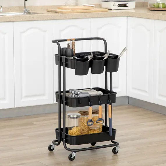 Buy Three-Tier Home Trolley, with Handle and Wheels - Black, 2 image