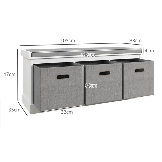 Buy Three-Drawer Shoe Storage Bench, with Padded Top Seat - White, 3 image