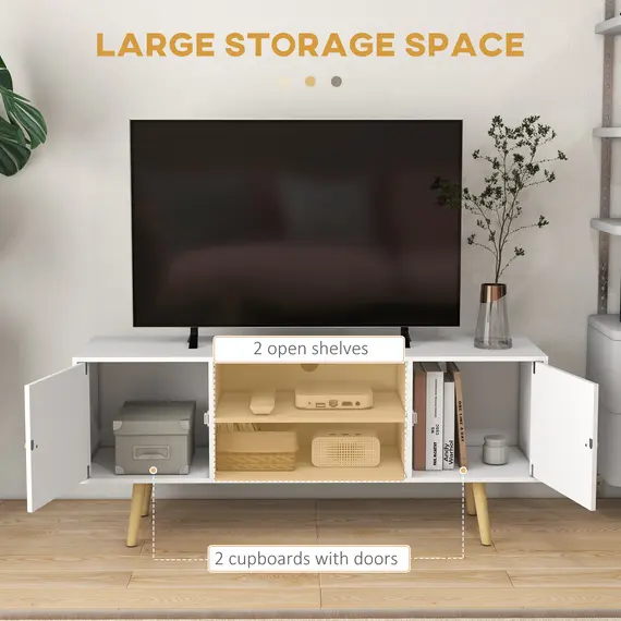Buy TV Stand Cabinet up to 55 Inches, TV Unit with Storage Shelves and Wood Legs for Living Room, Bedroom, White, 4 image