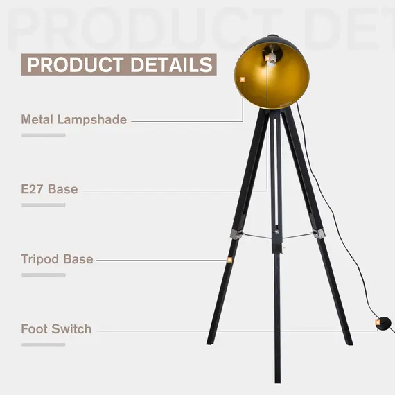 Buy Tripod Floor Lamp, Spotlight Reading Lamp w/ Adjustable Height, Angle, Wood Legs for Living Room, Bedroom, Home, Office, Black and Gold, 4 image