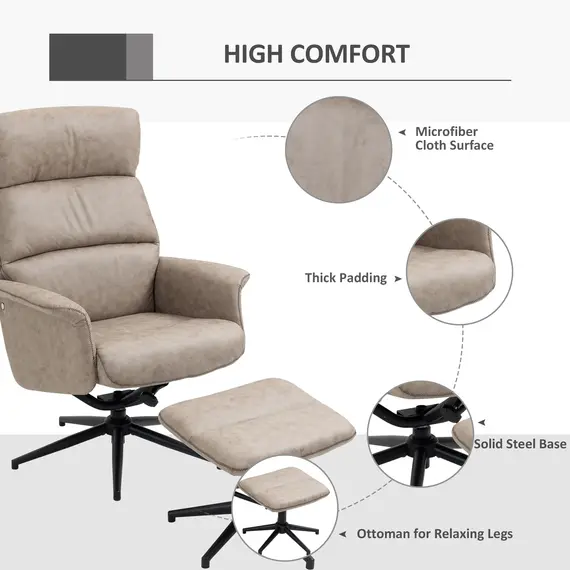 Buy Swivel Recliner Chair and Footstool, Upholstered Reclining Armchair with Ottoman, Adjustable and Removable Headrest, Khaki, 7 image