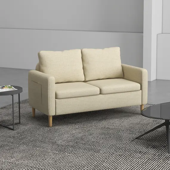 Buy Two Seater Sofa for Living Room, Modern Fabric Couch with Wood Legs and 2 Pockets for Bedroom and Home Office, Beige, 8 image