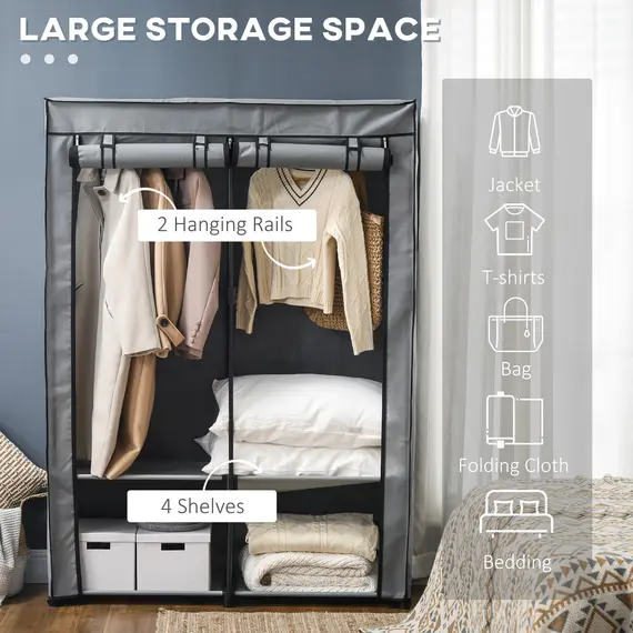 Buy Steel Frame Fabric Wardrobe, with Rail and Shelves - Light Grey, 4 image