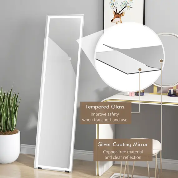 Buy Standing Dressing Mirror with LED Lights, Wall Dressing Mirror for Bedroom with Dimmable and 3 Colour Lighting, White, 8 image