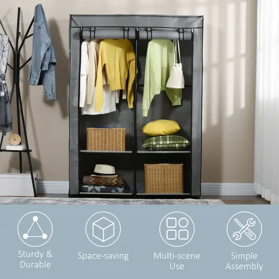 Buy Steel Frame Fabric Wardrobe, with Rail and Shelves - Light Grey, 6 image