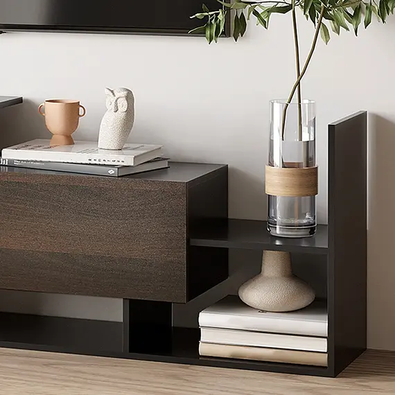 Buy TV Cabinet with Wall Shelf for Wall-Mounted 65" TVs or Standing 40" TVs - Black and Dark Brown, 9 image