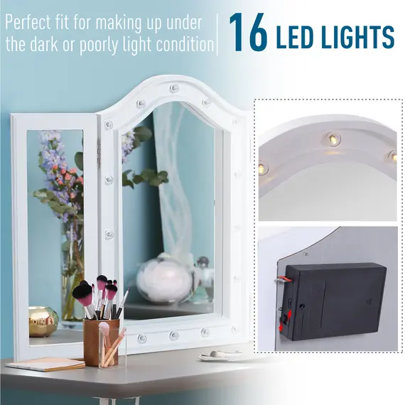 Buy Trifold Freestanding Mirror, Lighted Tabletop Vanity Mirror Large Cosmetic w/16 LED Lights powered by batteries Foldable For Bedroom- White, 6 image