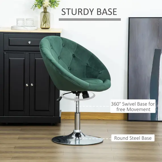 Buy Swivel Dressing Stool, Velvet-feel Upholstered Vanity Chair, Adjustable Height Tub Makeup Chair with Button Tufting and Thick Padding, Breakfast Dining Chair, Green, 6 image