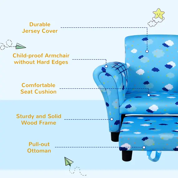 Buy Toddler Chair Children's Armchairs Wood Frame w/ Footrest Anti-Slip Legs High Back Arms for Bedroom Playroom Cute Cloud Star Blue, 7 image