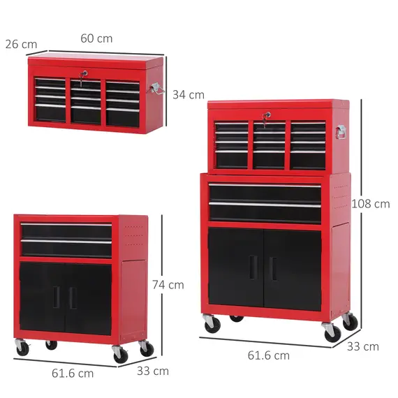 Buy Tool Chest, Metal Tool Cabinet on Wheels with 6 Drawers, Pegboard, Top Chest and Roller Cabinet Combo, 61.6 x 33 x 108cm, Red and Black, 3 image