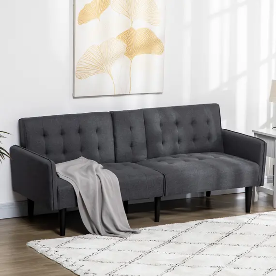 Buy Upholstered Click Clack Sofa Bed, Linen-Feel 3 Seater Sofa Bed with Storage and Cupholders, Grey, 2 image