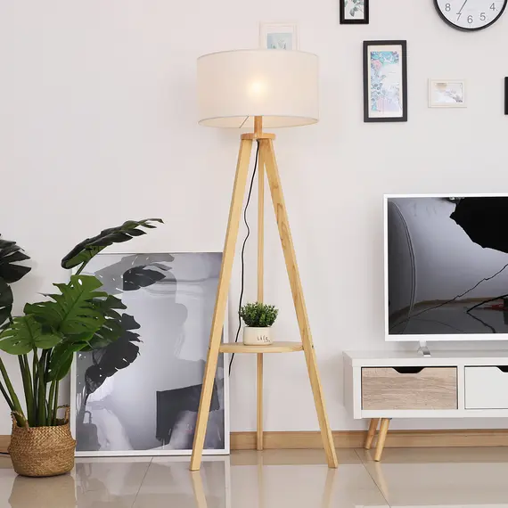 Buy Tripod Floor Lamp, Freestanding Bedside Light Reading Light with Storage Shelf and Linen Shade for Living Room Bedroom, 154cm, Cream, 7 image