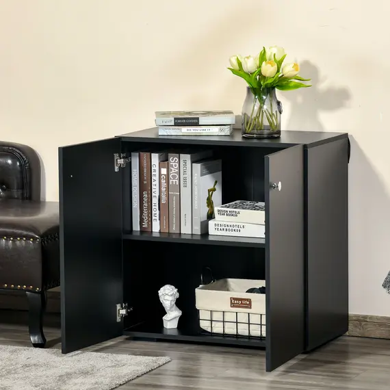 Buy Storage Cabinet w/ Two Shelves Wooden Sideboard Freestanding Kitchen Cupboard Bookcase - Black, 9 image