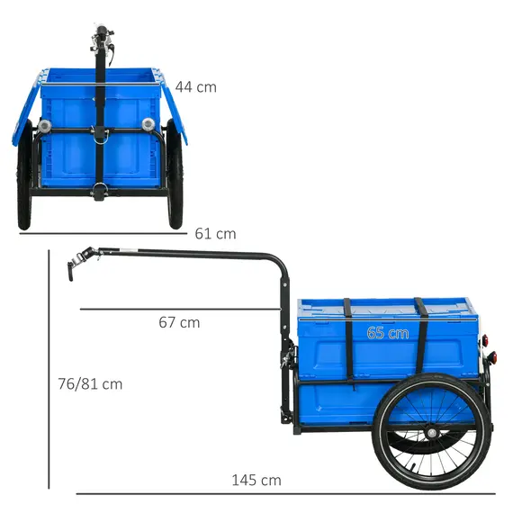 Buy Steel Trailer for Bike, Bicycle Cargo Trailer with 65L Foldable Storage Box and Safe Reflectors, Max Load 40KG, Blue, 3 image