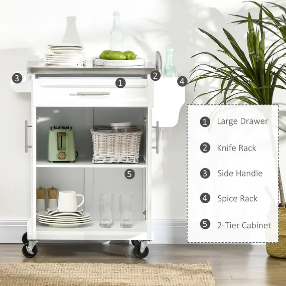 Buy Wooden Kitchen Island on Wheels, Serving Cart Storage Trolley with Stainless Steel Top, Drawer, Side Handle and Rack, White, 4 image