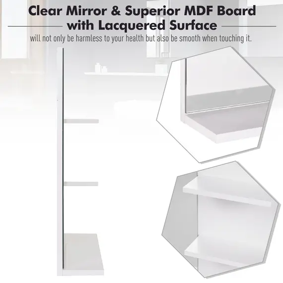 Buy Modern Bathroom Mirror, Wall-mounted Vanity Mirror with 3 Tiers Storage Shelves for Make Up, White, 7 image