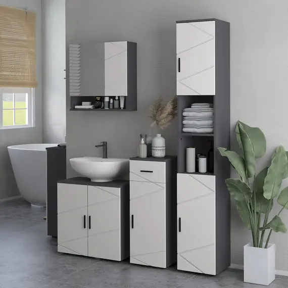 Buy Line Embossed Tall Bathroom Storage Cabinet - Grey, 7 image