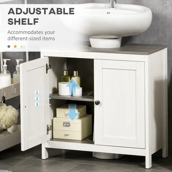 Buy Modern Bathroom Sink Cabinet, Floor Standing Under Sink Cabinet, Freestanding Storage Cupboard with Adjustable Shelf, Double Doors, Antique White, 5 image