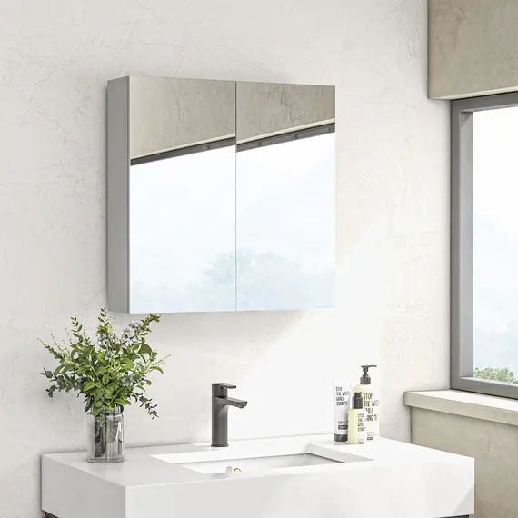 Buy Bathroom Mirror Cabinet, Wall Mounted Bathroom Storage Cupboard with Adjustable Shelf, 60W x 15D x 60Hcm, High Gloss White, 2 image