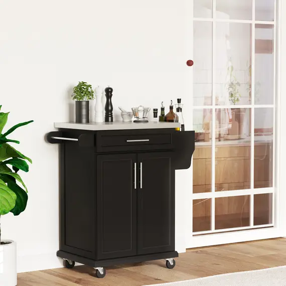Buy Wooden Kitchen Island on Wheels, Serving Cart Storage Trolley with Stainless Steel Top, Drawer, Side Handle and Rack, Black, 7 image