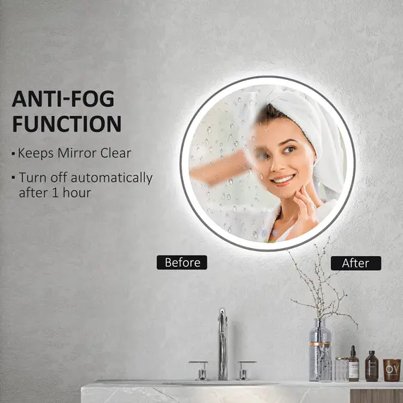 Buy Round Bathroom Mirror with LED Lights, Wall Mount Dimmable Makeup Mirror with 3 Temperature Colours, Defogging Film and Memory Function, Frameless, Hardwired, 70 x 70 cm, 6 image