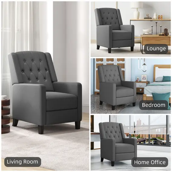 Buy Wingback Recliner Chair for Home Theater, Button Tufted Microfibre Cloth Reclining Armchair with Leg Rest, Deep Grey, 6 image