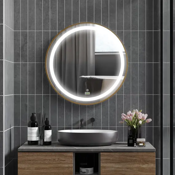 Buy Round LED Bathroom Mirror, Dimmable Lighted Wall Mount Mirror with 3 Colours, Time Display, Memory Function, Hardwired, 2 image