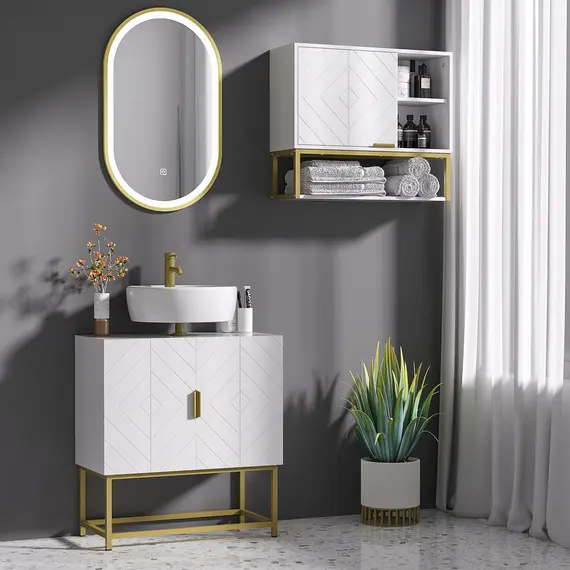 Buy Bathroom Mirror Cabinet Under Sink Storage Cabinet Basin Cupboard with 2 Doors and Gold Steel Legs, 2 image