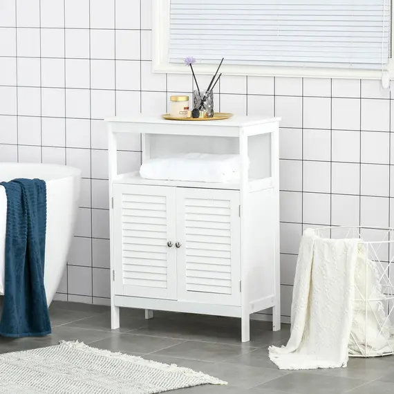 Buy Bathroom Storage Unit Cabinet with Open Storage Shelf, Freestanding Floor Cabinet Organizer with 2 Doors for Living Room Kitchen Entryway, White, 2 image