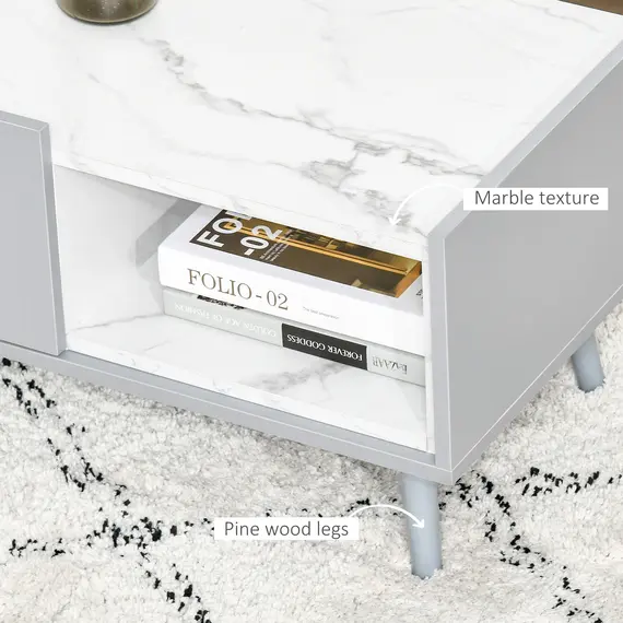 Buy White Coffee Table with Faux Marble Top, 2-Tier Wood Center Table Sofa Table with Storage Drawer and Shelf for Home Living Room Reception Room, 4 image