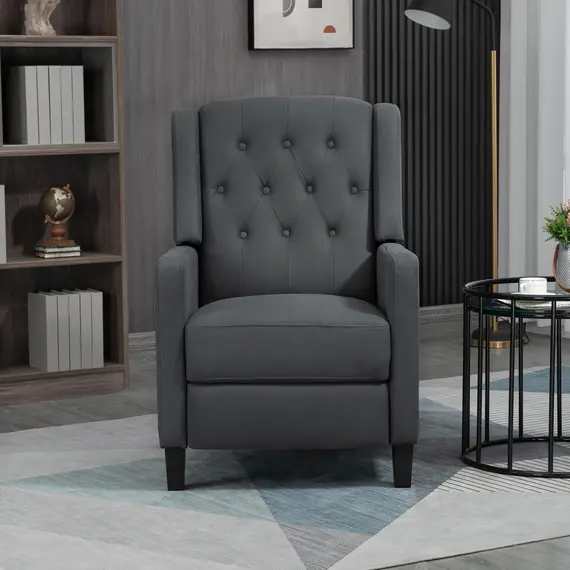 Buy Wingback Recliner Chair for Home Theater, Button Tufted Microfibre Cloth Reclining Armchair with Leg Rest, Deep Grey, 8 image