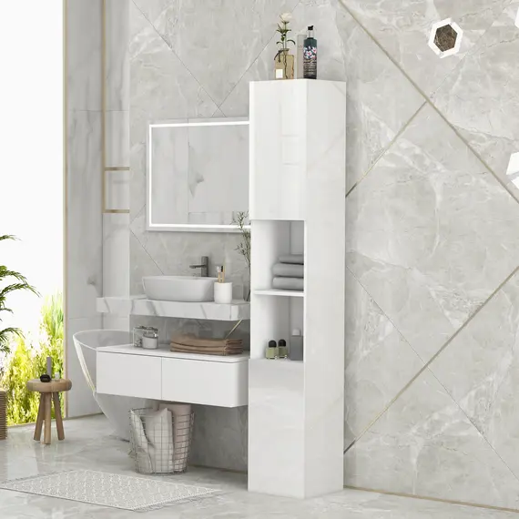 Buy Freestanding Bathroom Cabinet, High Gloss Storage Cabinet with Doors and Adjustable Shelves, 30 x 30 x 181.5 cm, White, 2 image