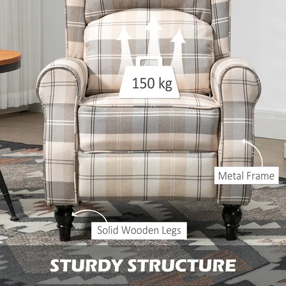 Buy Wingback Recliner Armchair for Living Room, Pushback Reclining Chair with Round Armrests, Footrest and Rubber Wood Legs, Khaki, 6 image