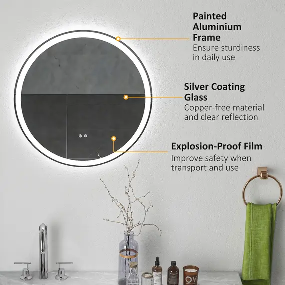 Buy Round Bathroom Mirror with LED Lights, Wall Mount Dimmable Makeup Mirror with 3 Temperature Colours, Defogging Film and Memory Function, Frameless, Hardwired, 60 x 60 cm, 7 image