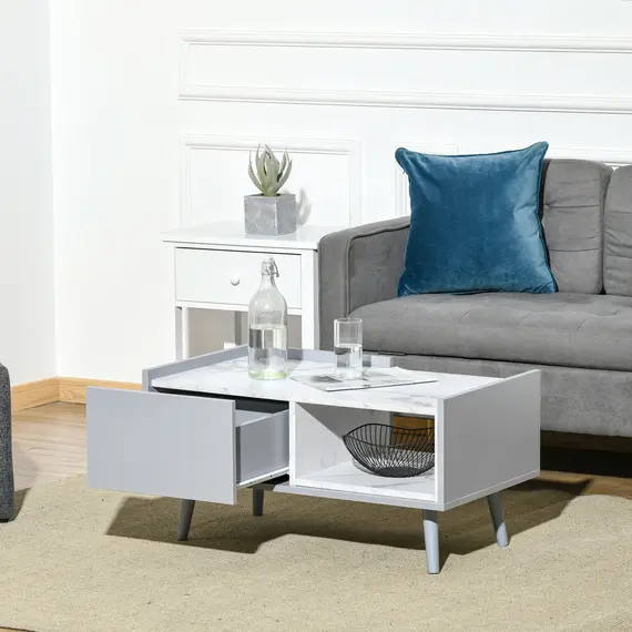 Buy White Coffee Table with Faux Marble Top, 2-Tier Wood Center Table Sofa Table with Storage Drawer and Shelf for Home Living Room Reception Room, 7 image
