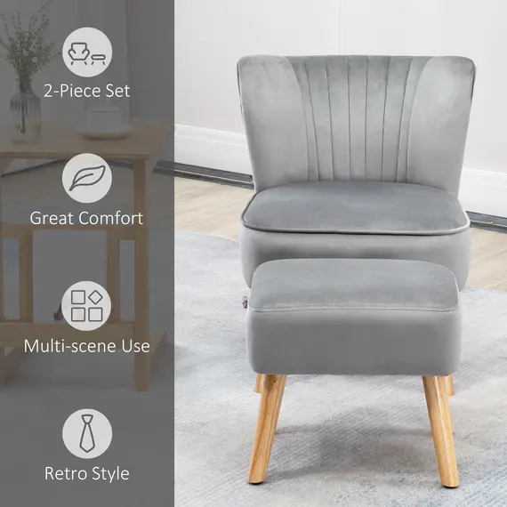 Buy Velvet Accent Chair Occasional Tub Seat Padding Curved Back with Ottoman Wood Frame Legs Home Furniture Light Grey, 6 image