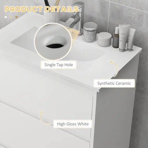 Buy 600mm Bathroom Vanity Unit with Basin and Single Tap Hole, High Gloss White Floor Standing Bathroom Sink Unit with 2 Drawers, 6 image