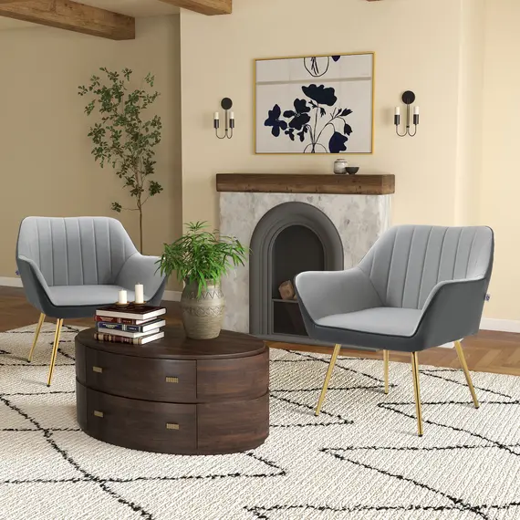 Buy Velvet Armchairs, Upholstered Accent Chairs with Golden Steel Legs, Modern Vanity Chairs for Living Room and Bedroom, Set of 2, Light Grey, 2 image