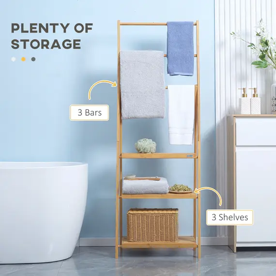Buy Freestanding Natural Bamboo Towel Rack with 3 Towel Rails and 3 Storage Shelves, Space-Saving Foldable Towel Holder for Bathroom, 4 image