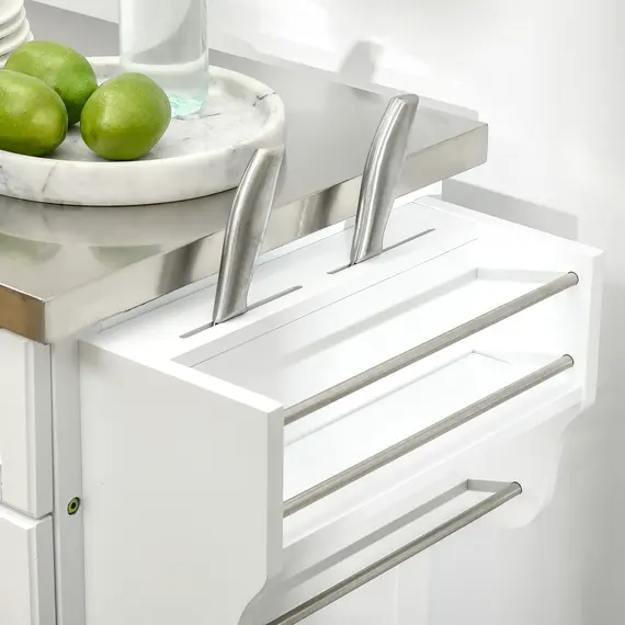 Buy Wooden Kitchen Island on Wheels, Serving Cart Storage Trolley with Stainless Steel Top, Drawer, Side Handle and Rack, White, 8 image